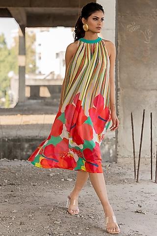 multi-colored voile silk striped midi dress