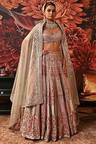 multi-colored zari brocade printed & embroidered lehenga set