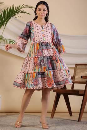 multi-colour floral printed pure cotton dress with lace work - pink