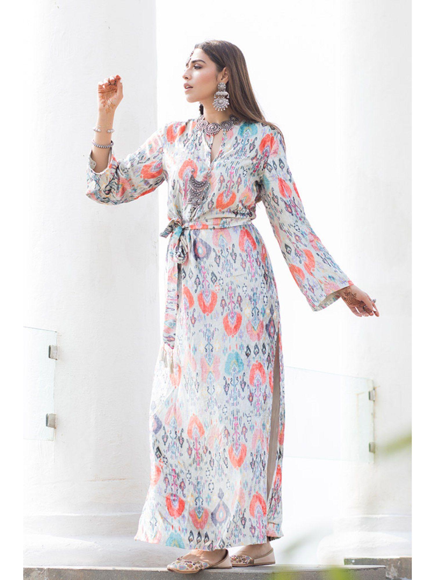 multi-colour banaz stone printed velvet dress with belt (set of 2)