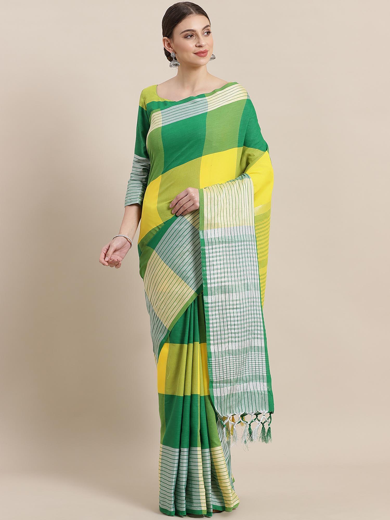 multi-colour casual cotton silk checks saree with unstitched blouse