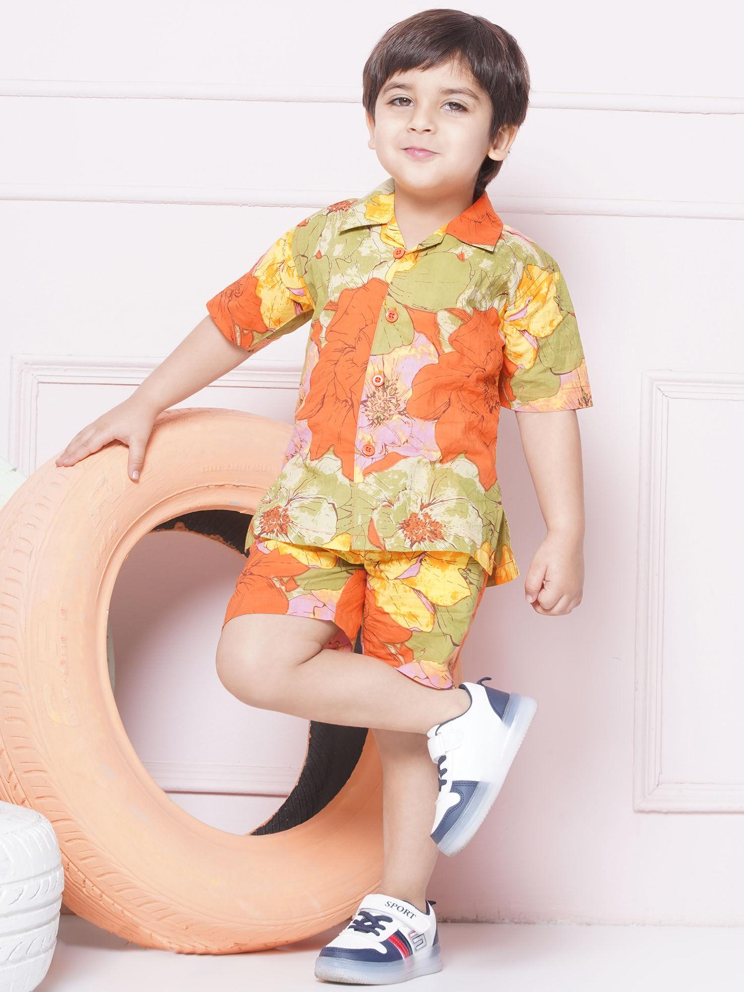 multi-colour cotton shirt & shorts half sleeves with floral print (set of 2)