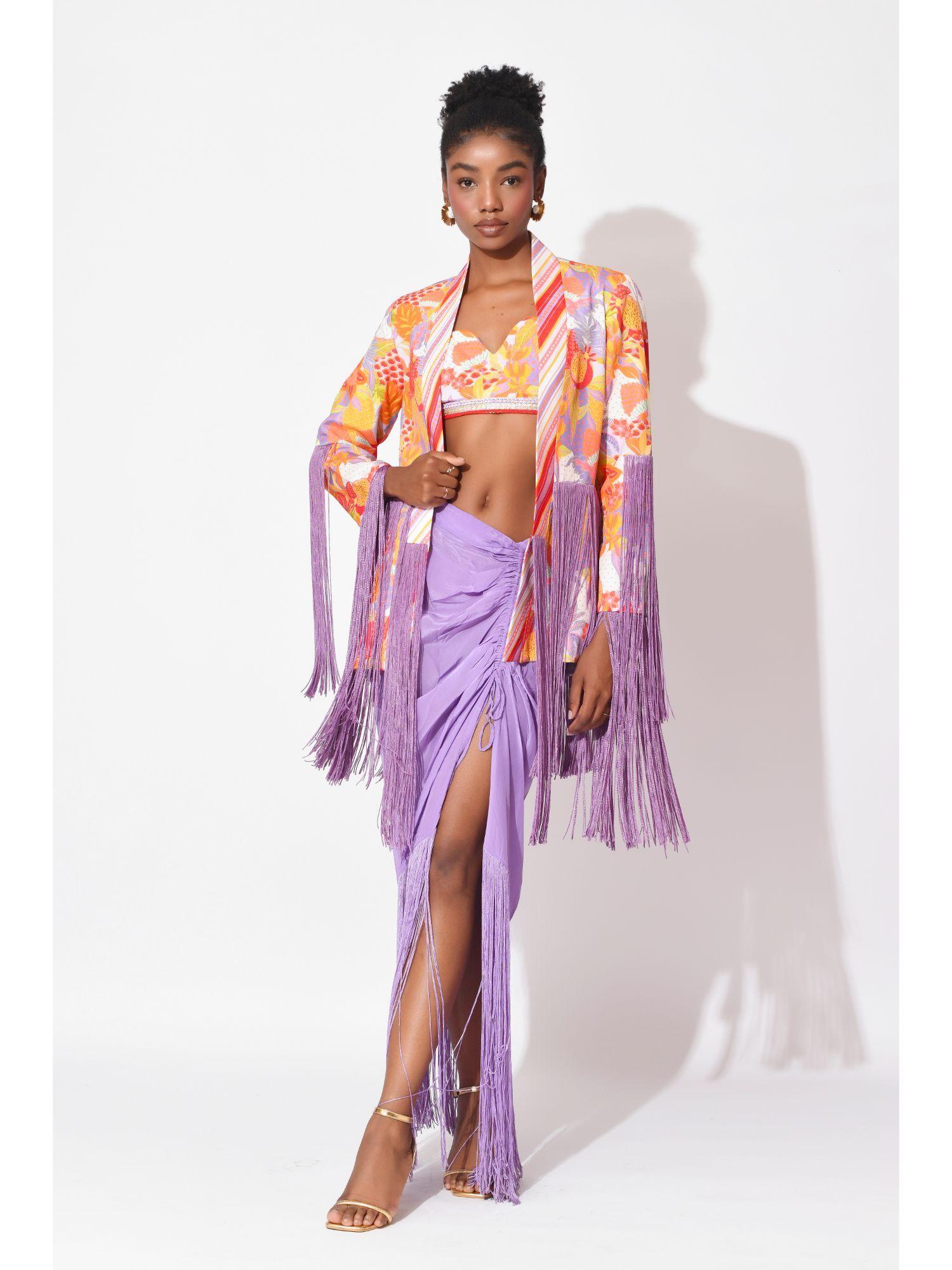 multi-colour lavender lagoon crop top with skirt and jacket (set of 3)