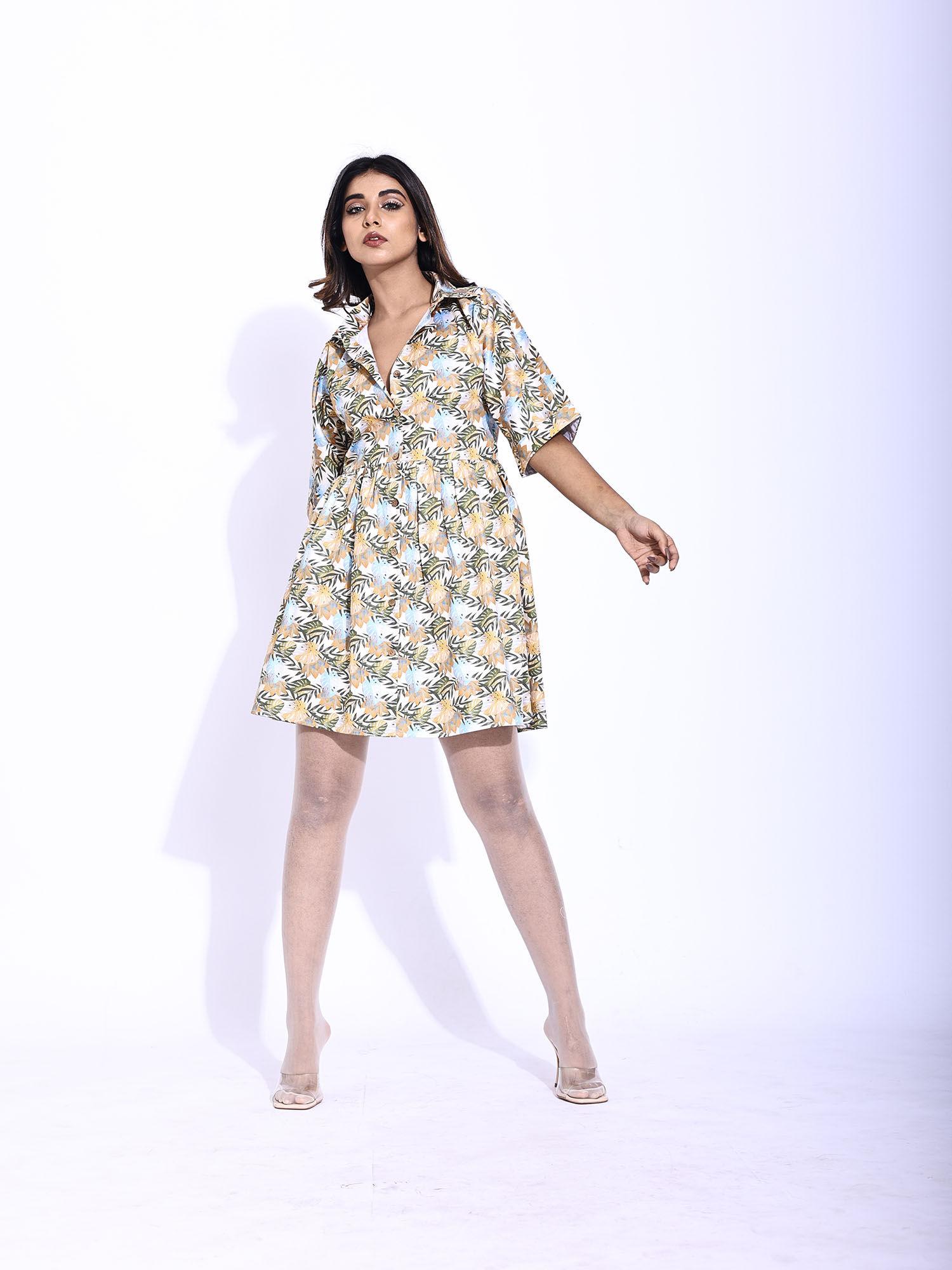 multi-colour loose fit palm spring print collared shirt dress