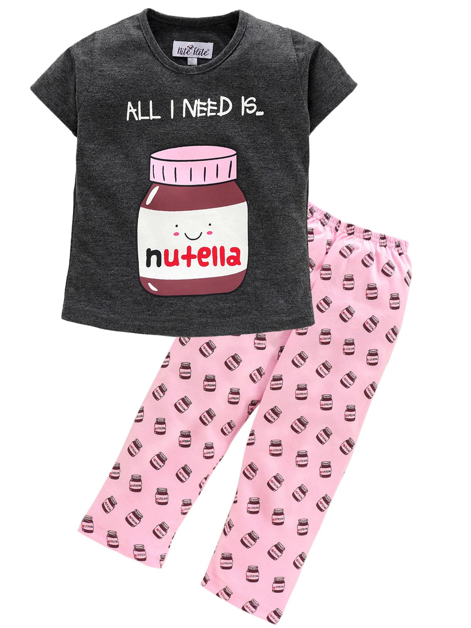 multi-colour nutella print top and pyjama cotton nightwear (set of 2)