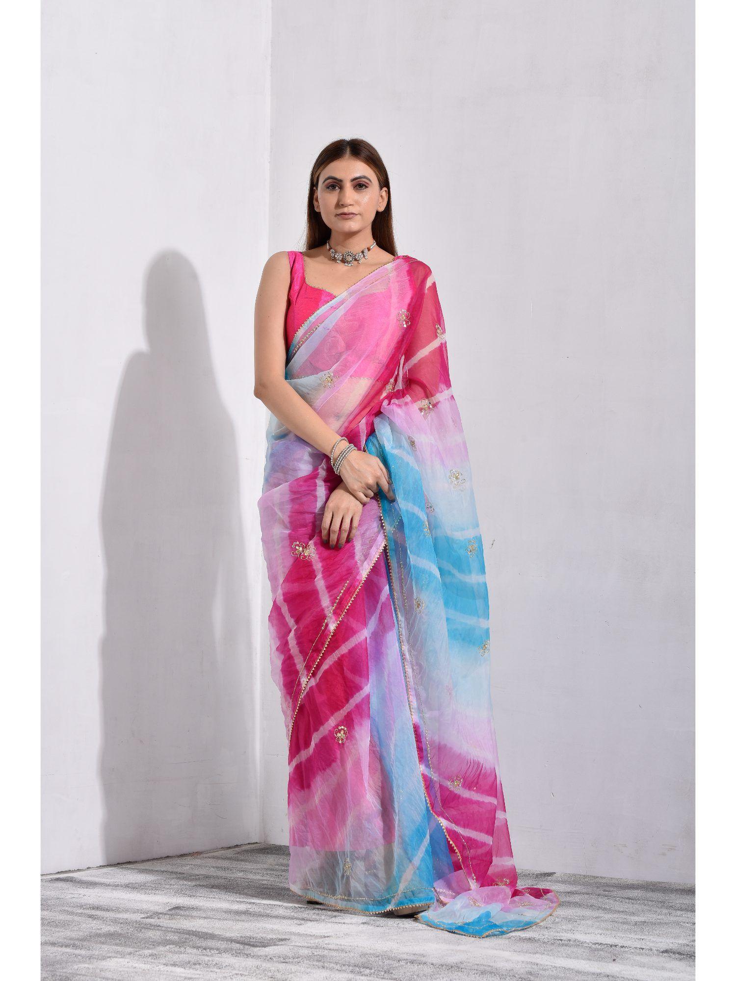 multi-colour parry wear organza saree with unstitched blouse