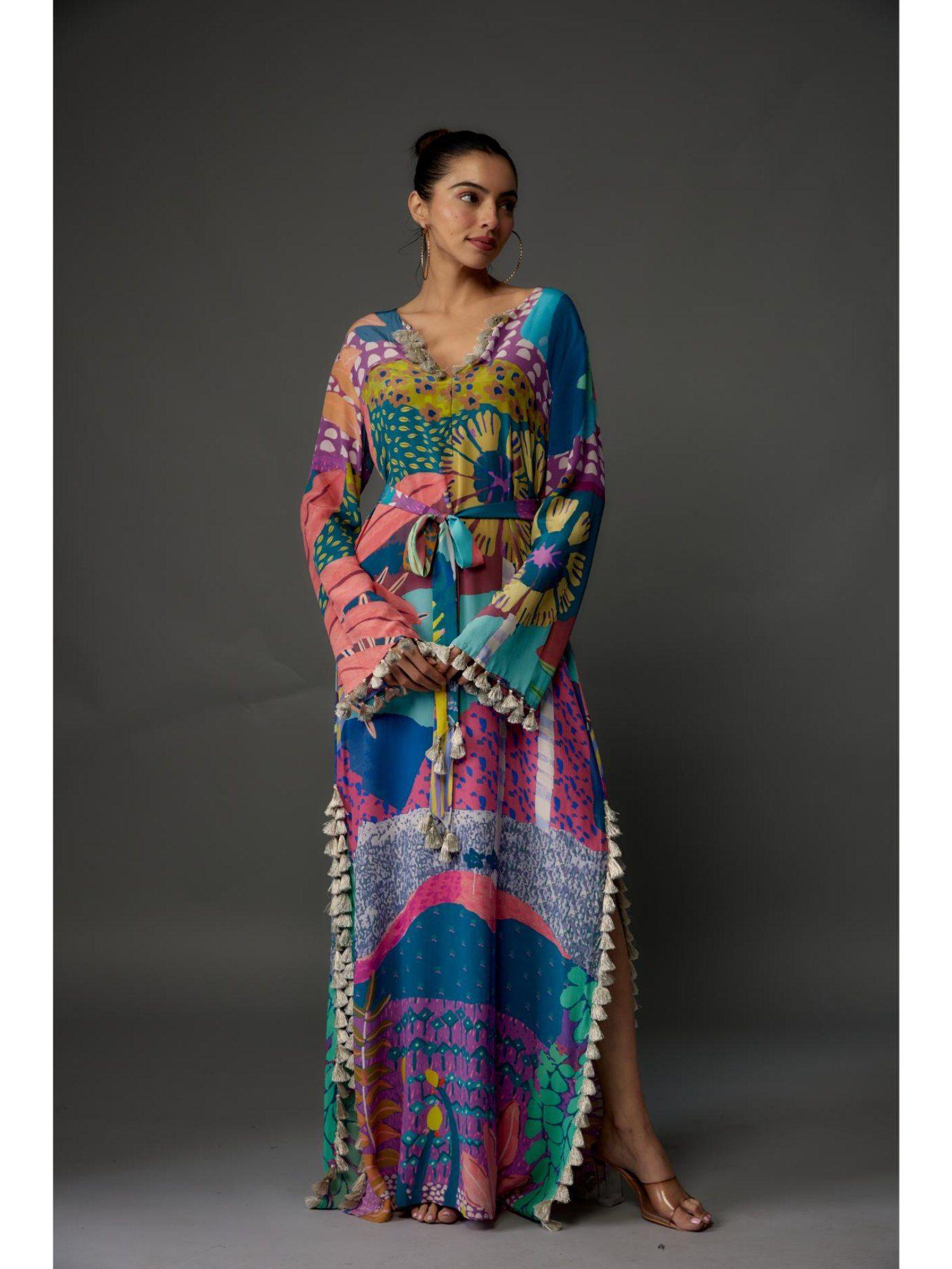 multi-colour print crepe long dress (set of 2)