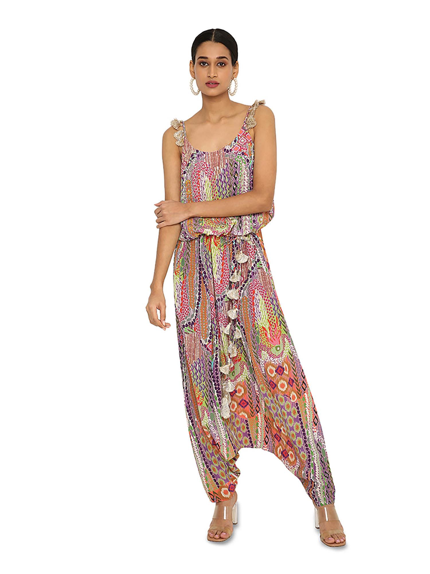 multi-colour print embroidered crepe jumpsuit