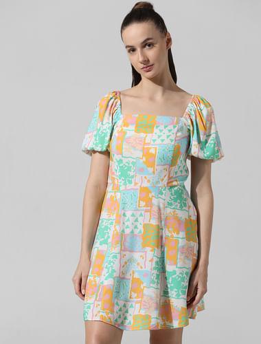 multi-colour printed puff-sleeves dress