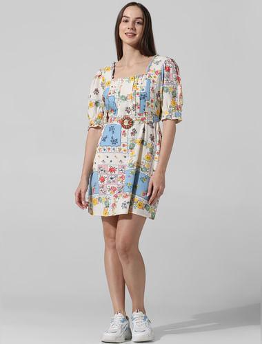 multi-colour printed puff sleeves dress