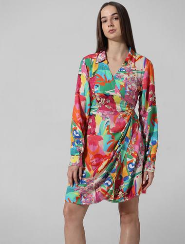 multi-colour printed wrap shirt dress