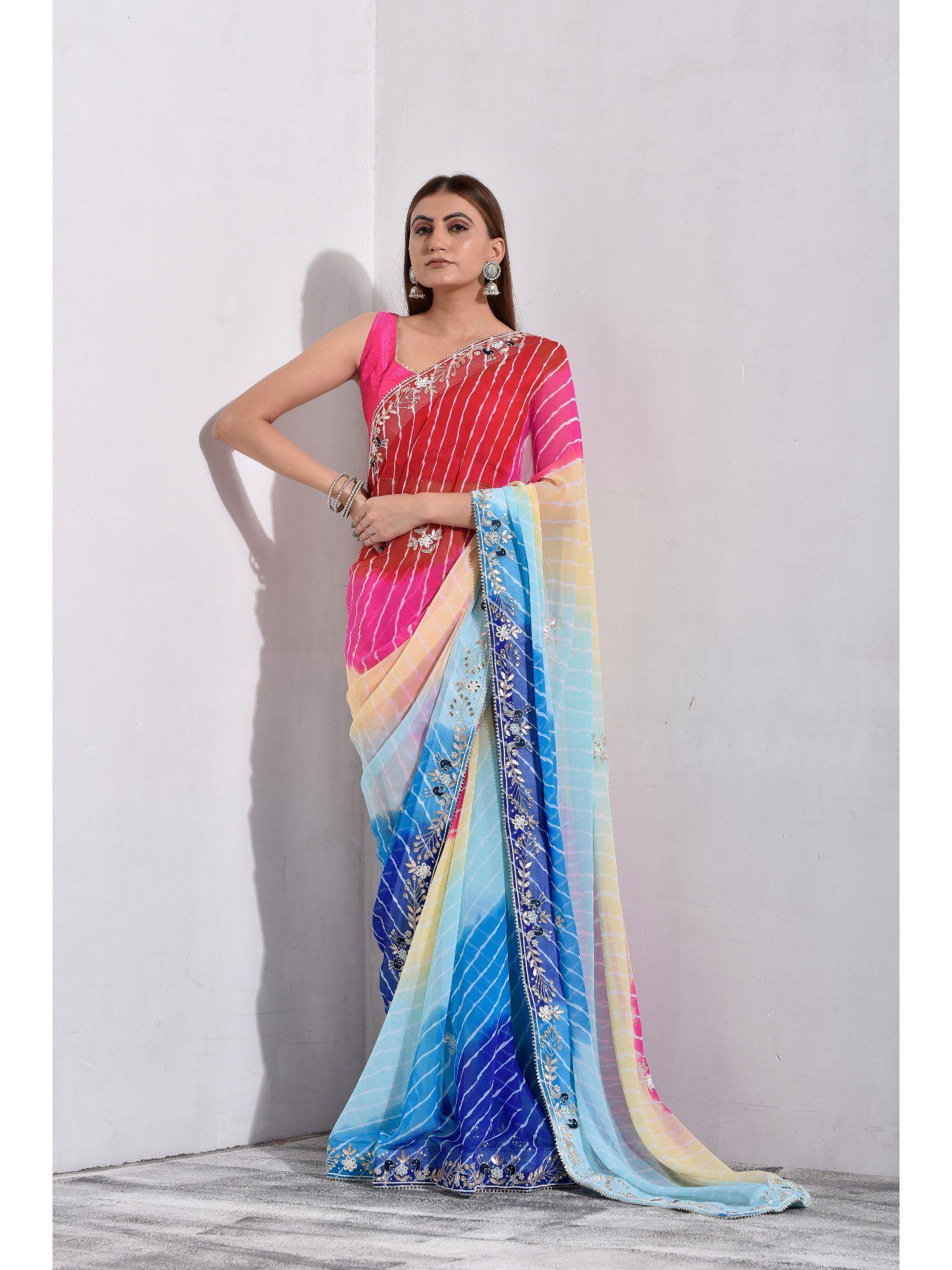 multi-colour pure georgette handcrafted saree with unstitched blouse