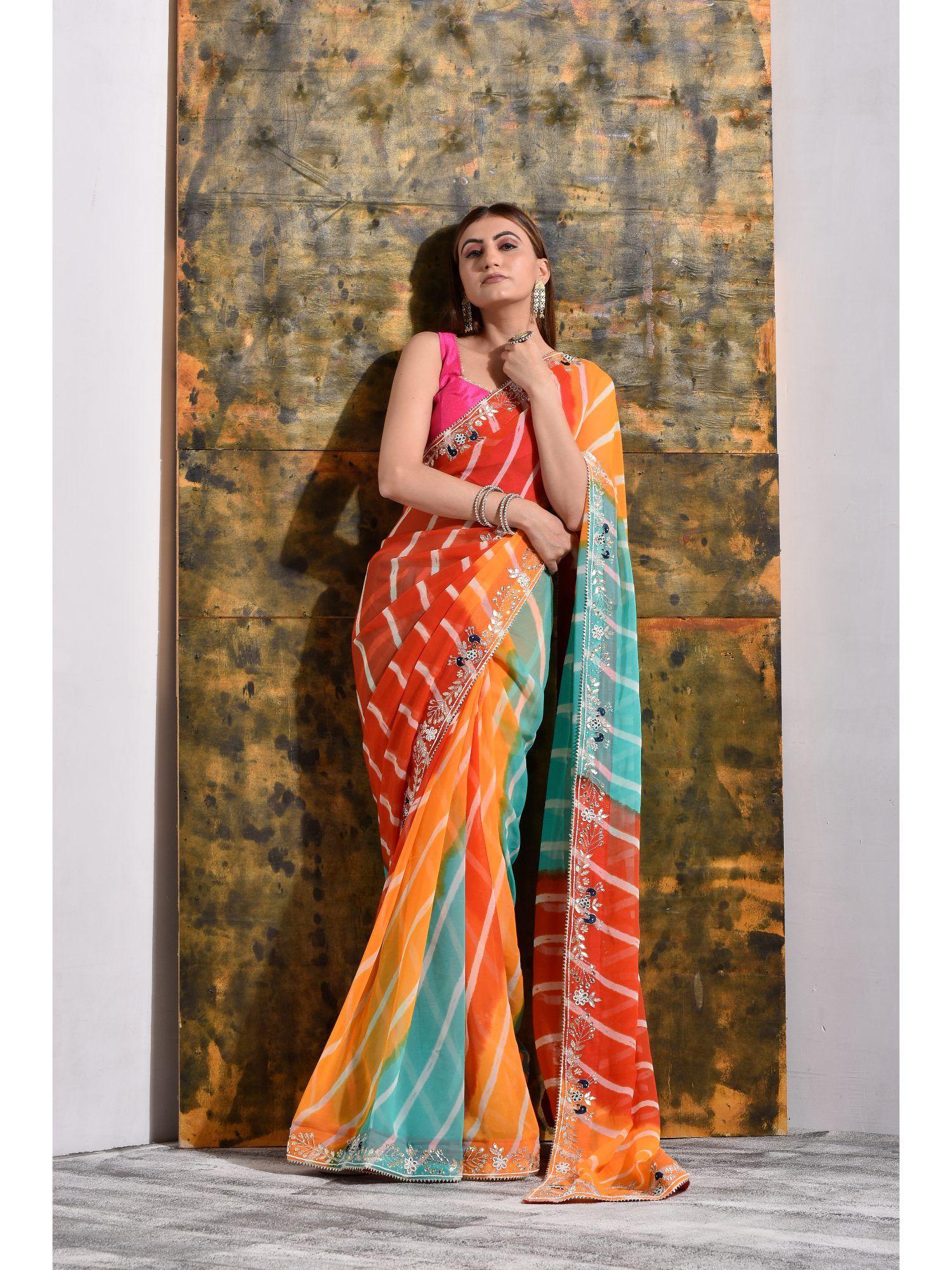 multi-colour pure georgette saree with unstitched blouse