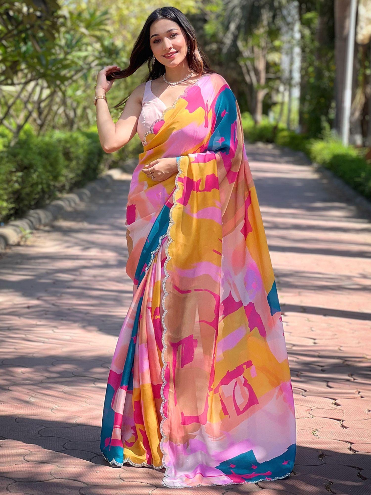 multi-colour satin georgette printed saree with unstitched blouse