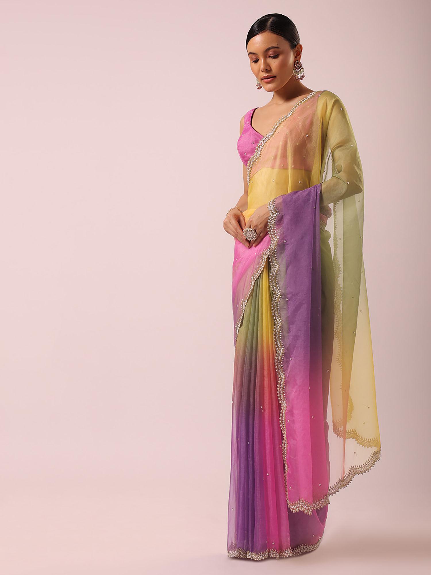 multi-colour shaded ombre saree with unstitched blouse