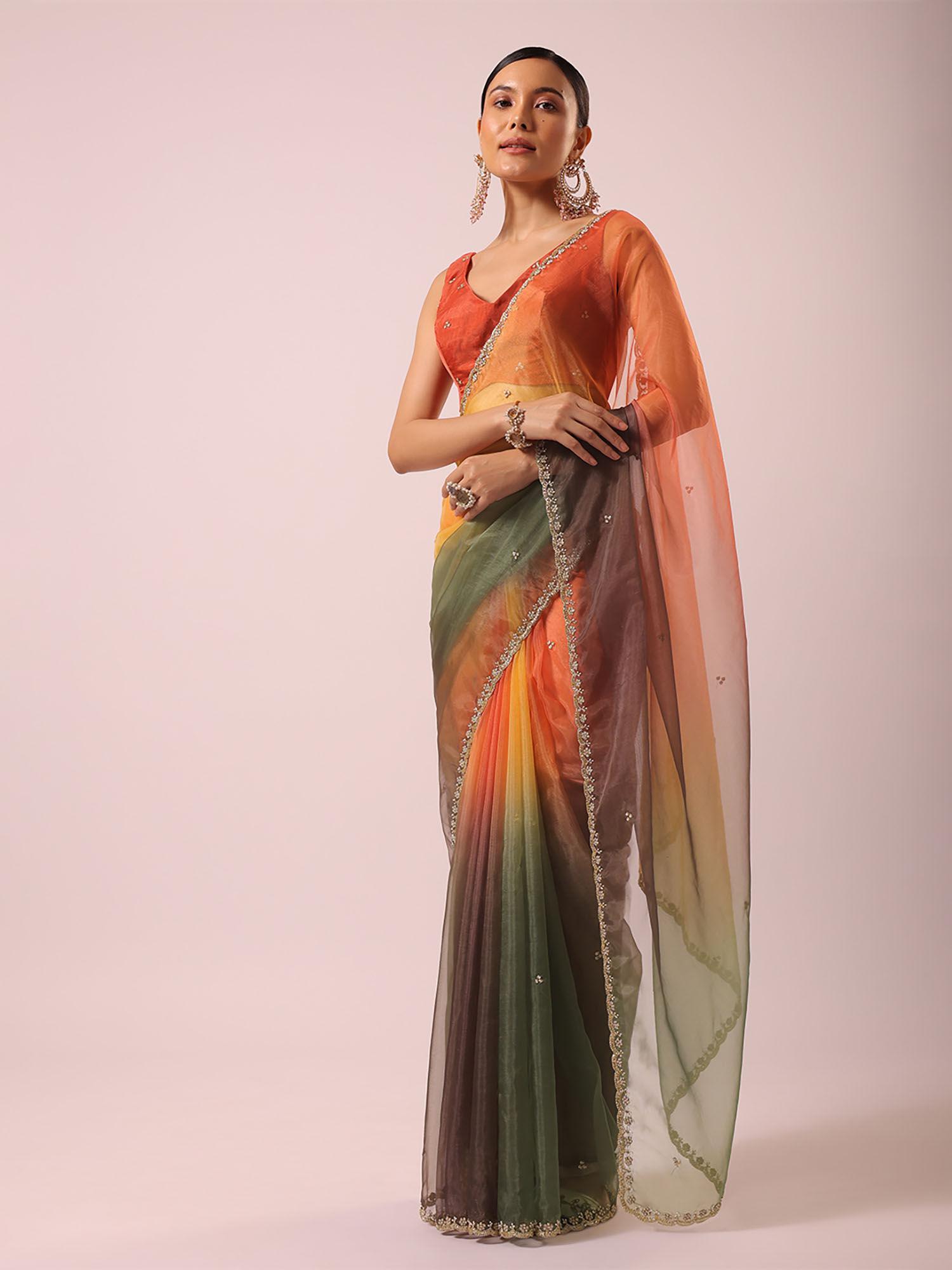 multi-colour shaded saree with unstitched blouse