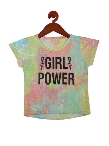 multi colour shimmer fabric and round neck top with print