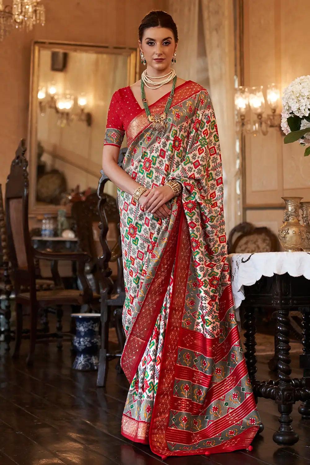 multi colour smooth patola silk saree with dimond work