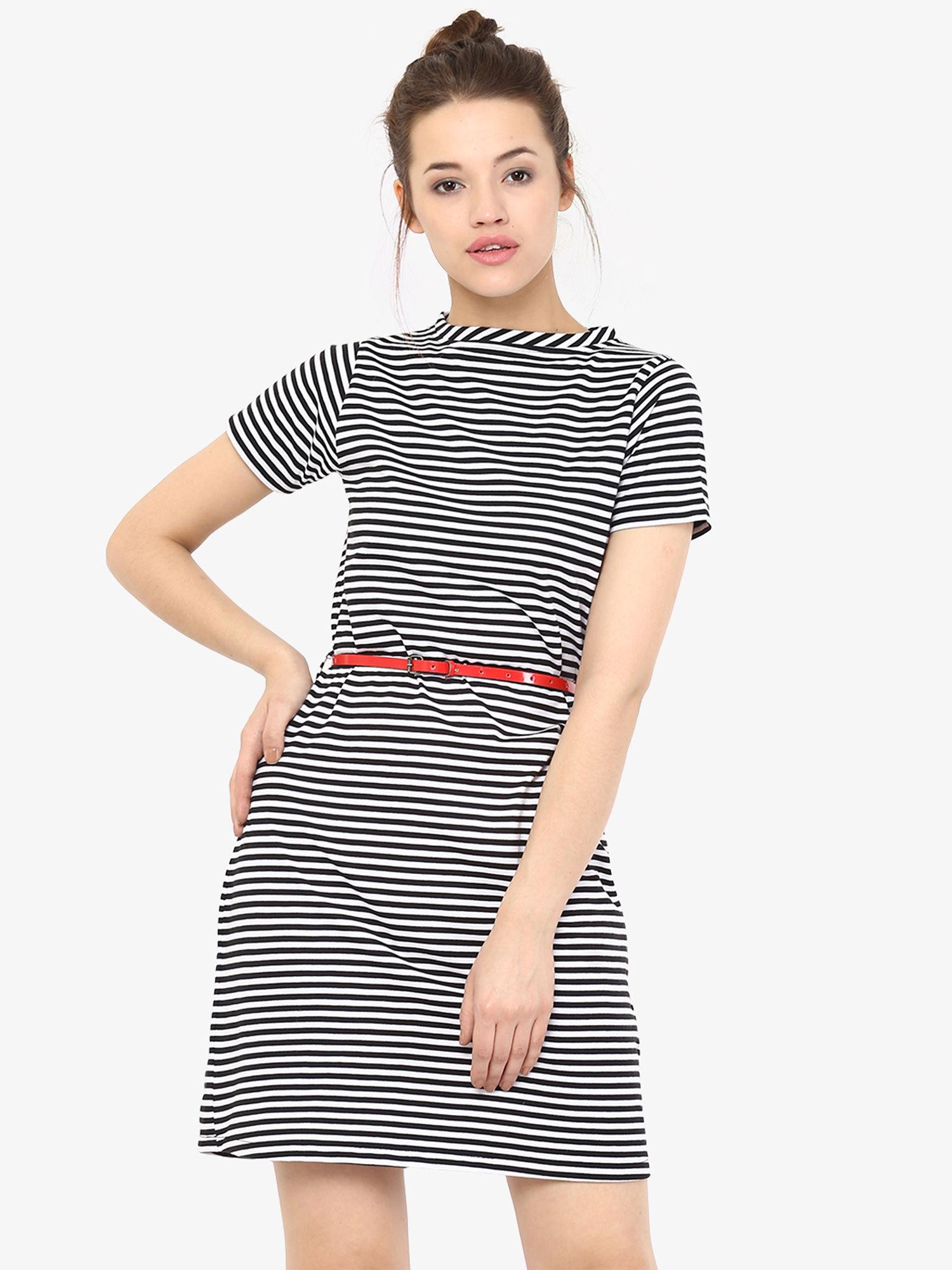 multi-colour striped dress with belt