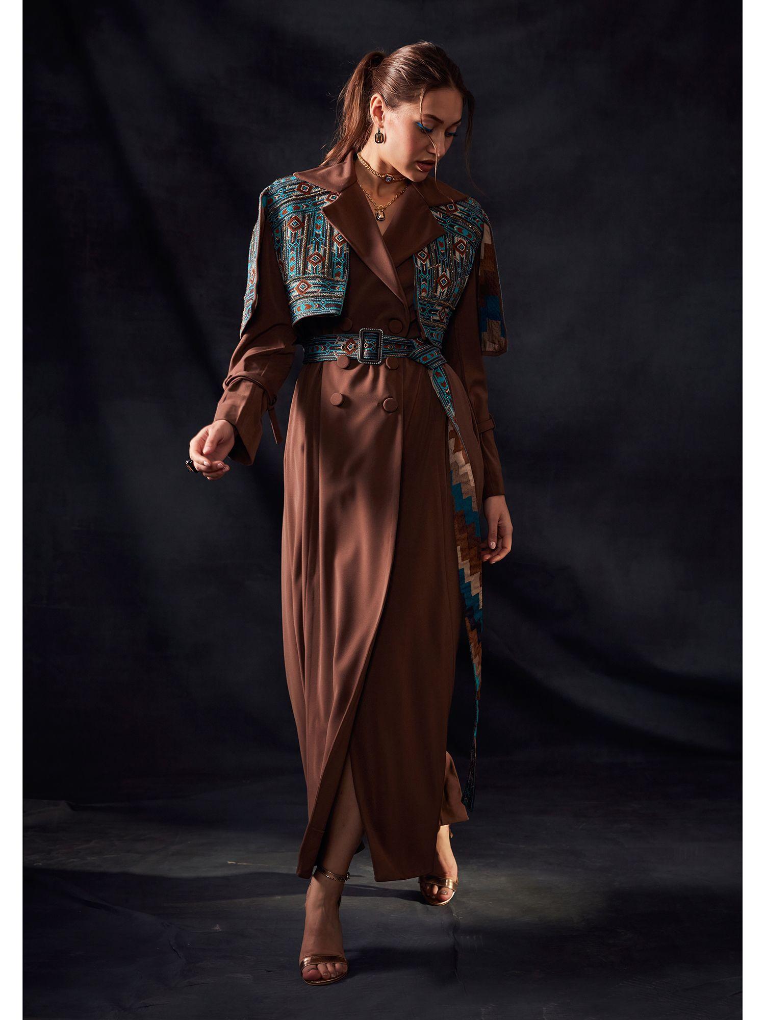 multi-colour trench coat with embroidered belt (set of 2)