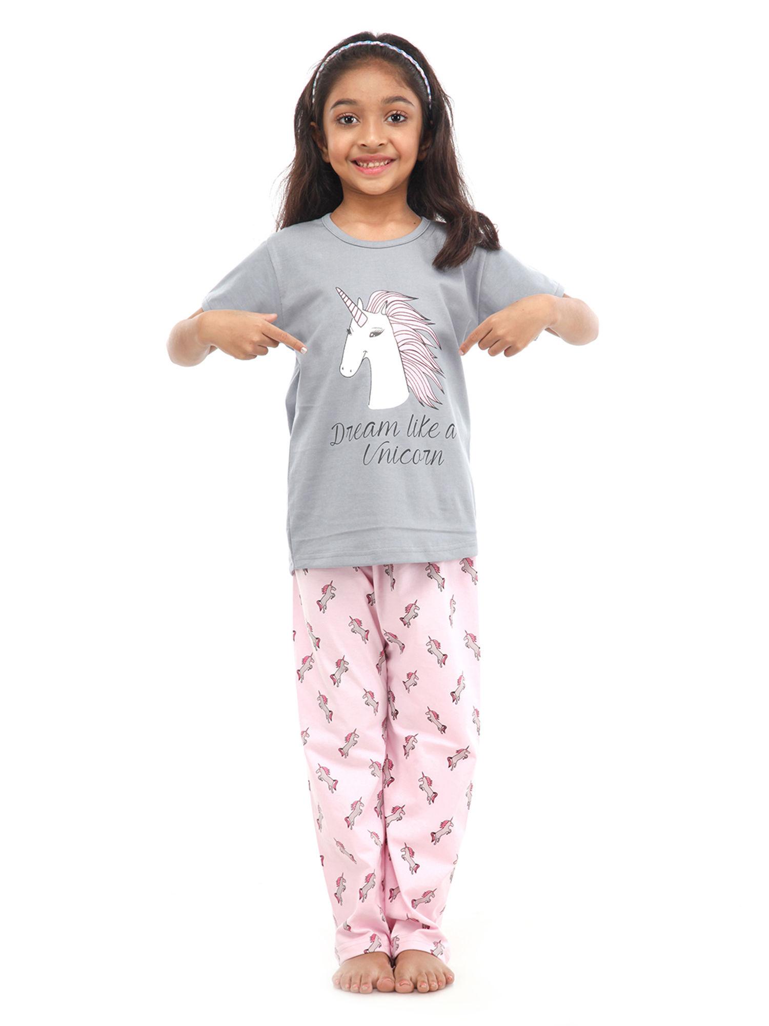 multi-colour unicorn print top and pyjama cotton nightwear (set of 2)