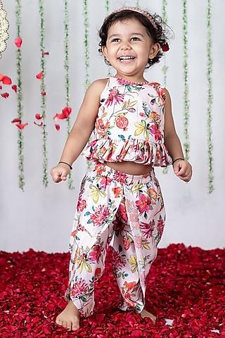 multi-coloured crepe floral printed dhoti set for girls