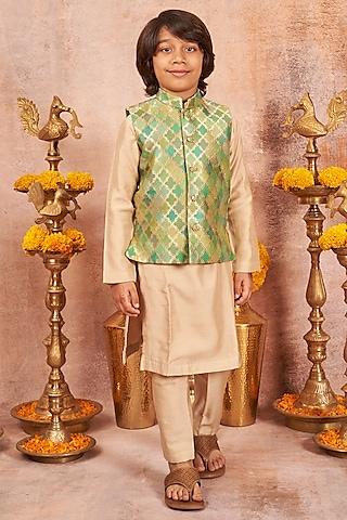 multi-coloured embroidered bundi jacket with kurta set for boys