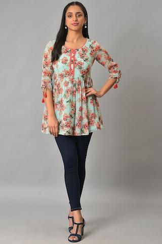 multi-coloured printed casual 3/4th sleeves round neck women regular fit tunic