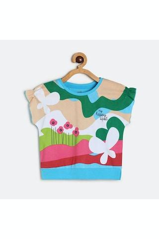 multi-coloured printed casual cap sleeves round neck girls regular fit top