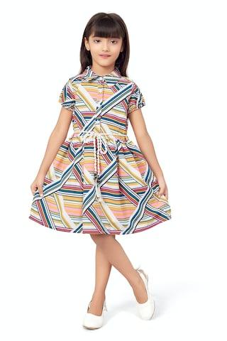 multi-coloured printed regular collar casual knee length short sleeves girls regular fit dress
