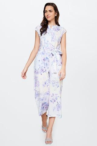 multi-coloured printeded mandarin casual ankle-length short sleeves women straight fit jumpsuit