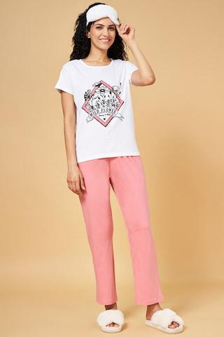 multi-coloured printeded round neck half sleeves women regular fit t-shirt & pyjama set