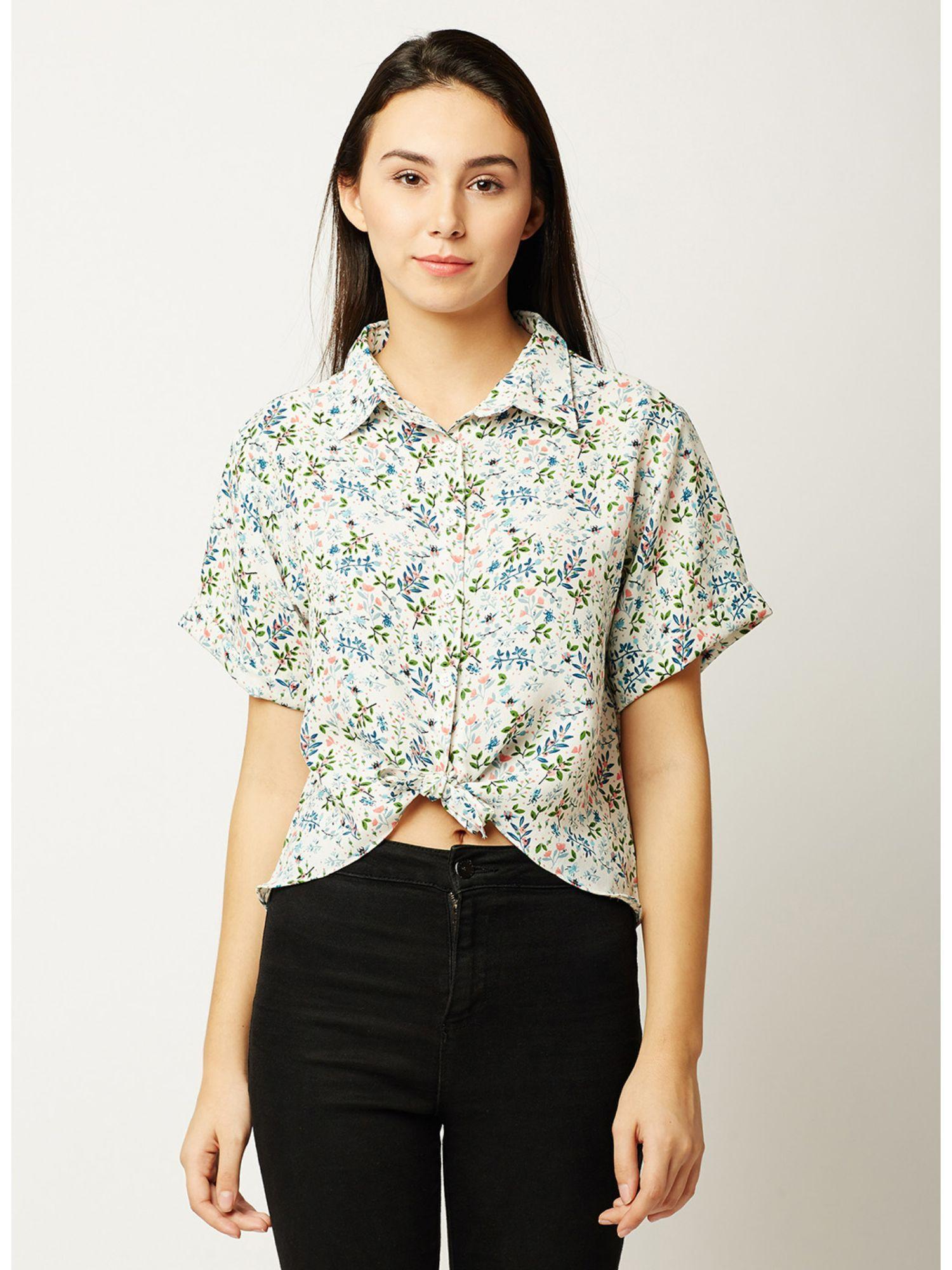 multi-coloured round neck short sleeve high low buttoned knotted crop shirt