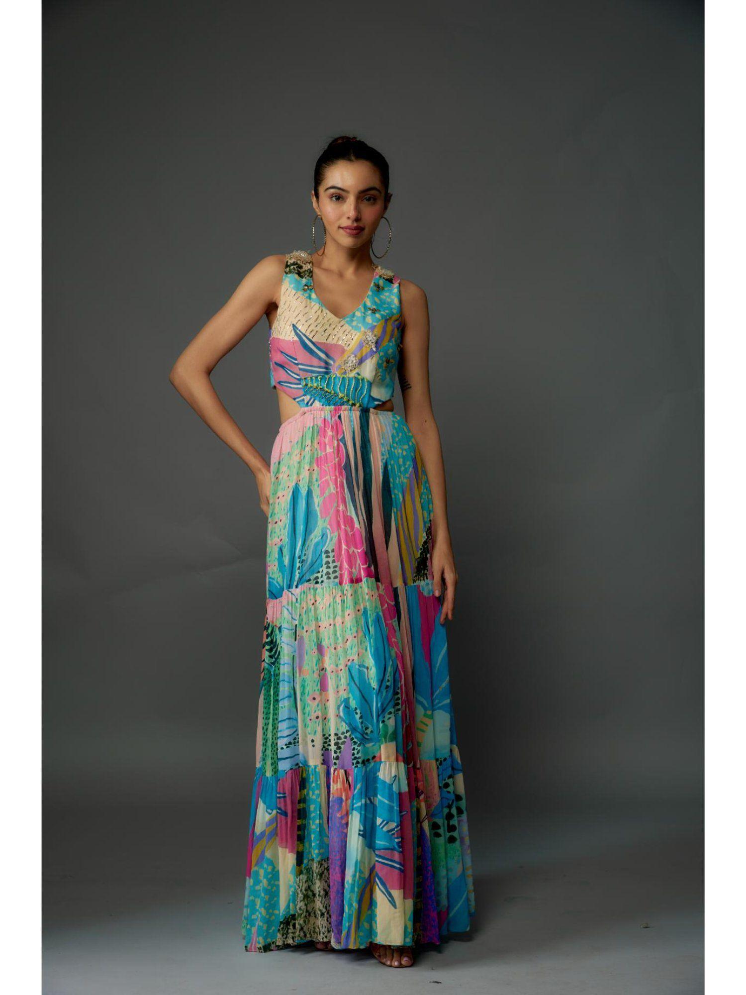 multi coloured aqua tropical print embellished cut out dress