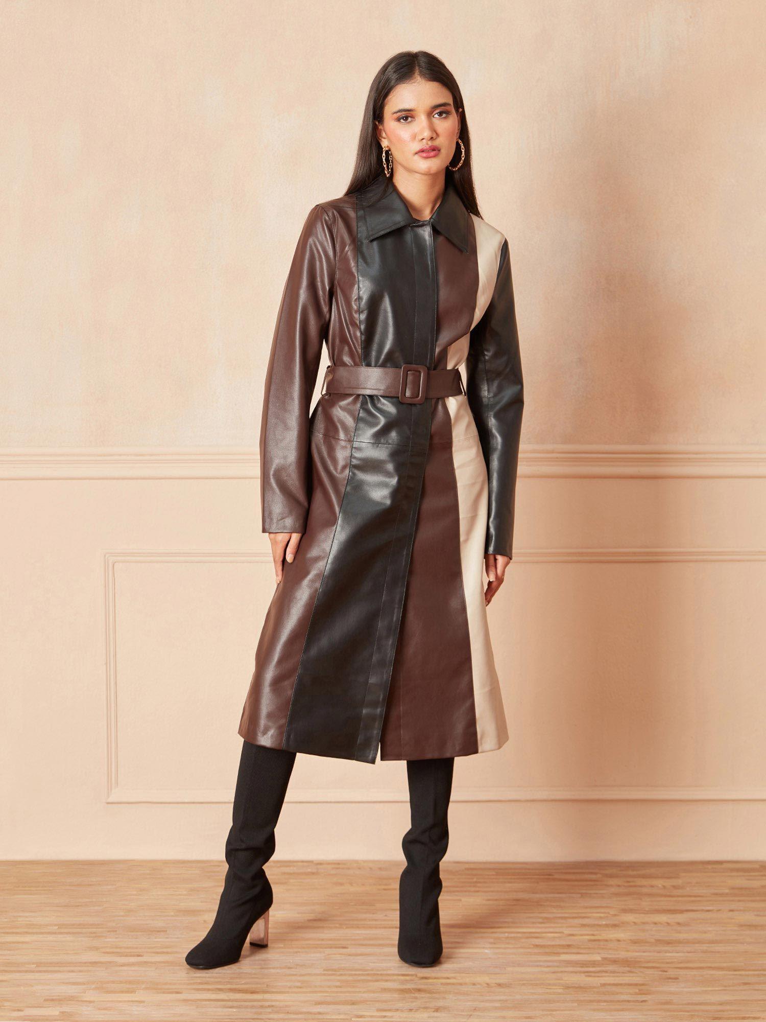 multi-coloured color blocked longline faux leather overcoat