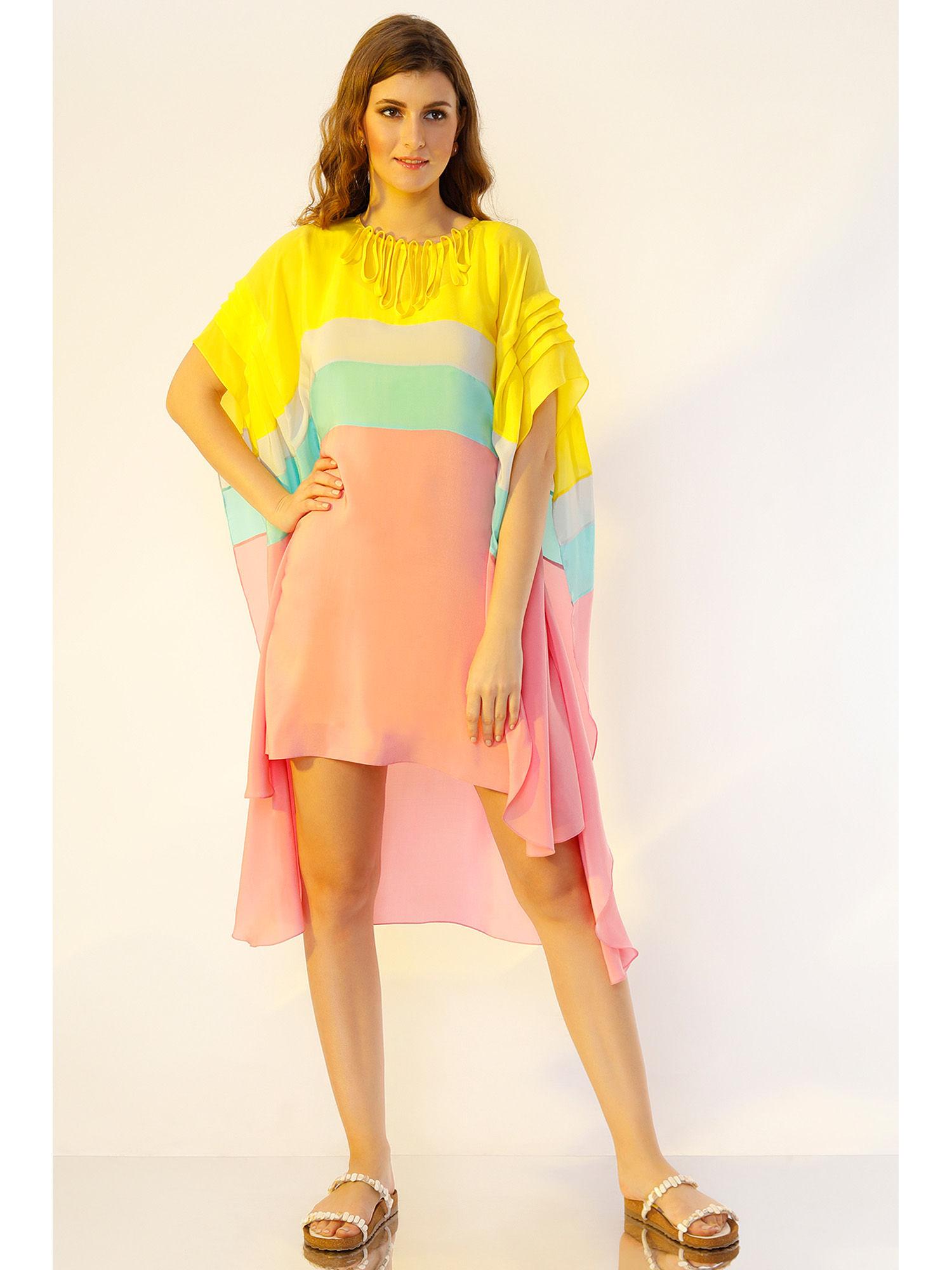 multi-coloured colour blocked high-low dress