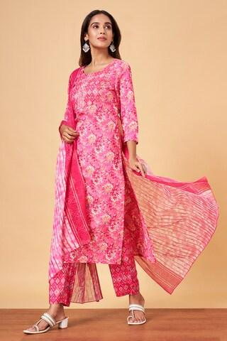 multi-coloured cut & sew casual 3/4th sleeves round neck women regular fit  pant kurta dupatta set