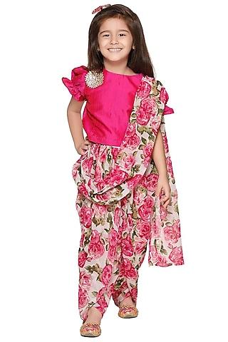 multi-coloured dhoti saree set with print for girls