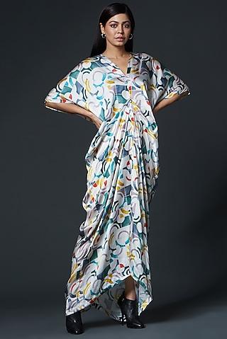 multi-coloured draped dress with print