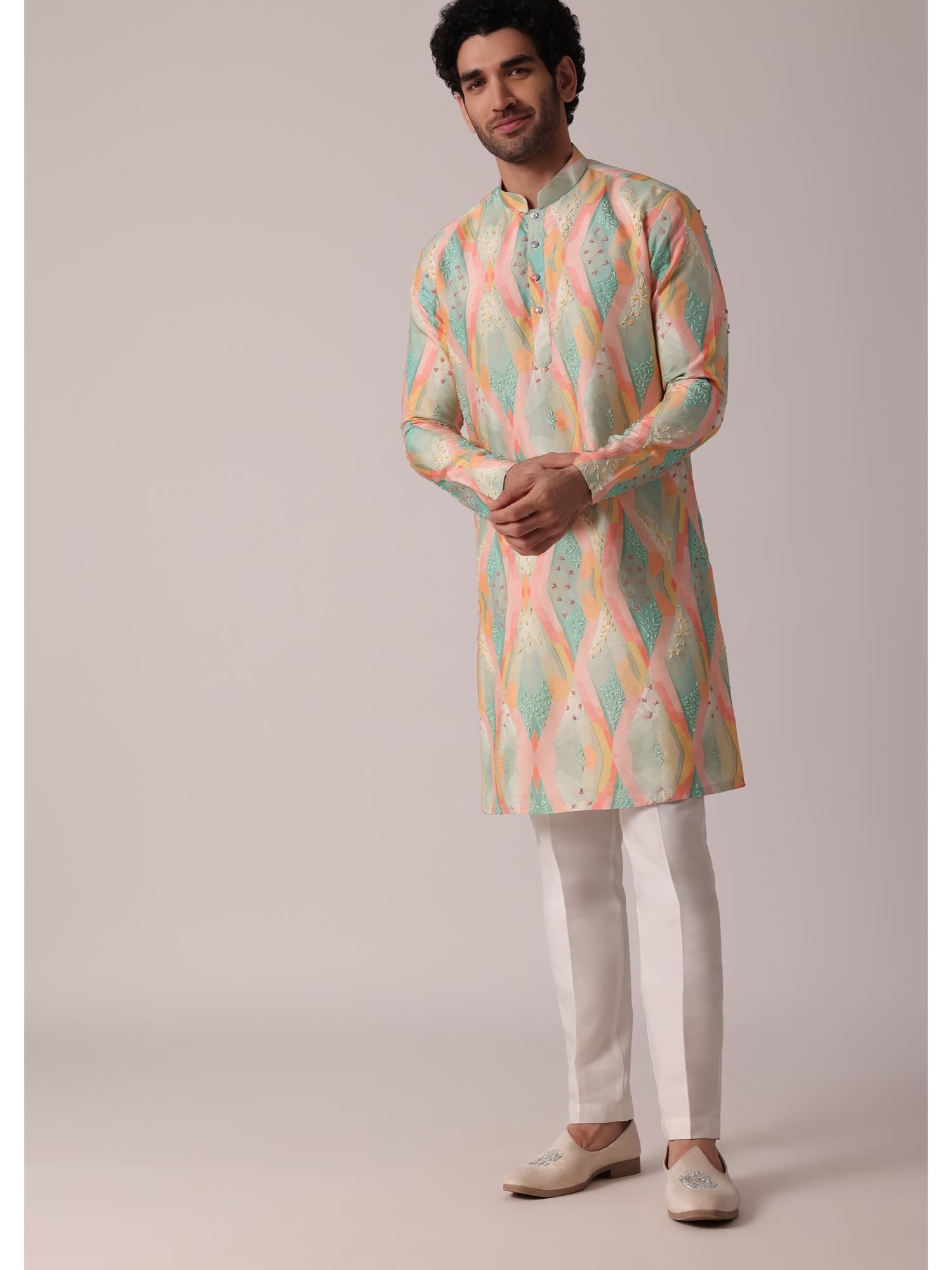 multi-coloured festive silk kurta (set of 2)