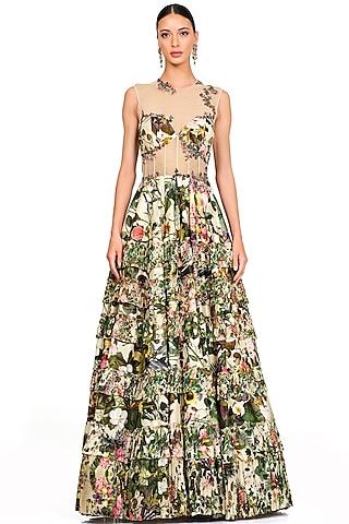multi-coloured floral printed gown