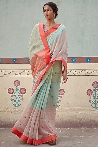 multi-coloured handloom saree in linen