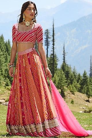 multi-coloured organza printed lehenga set