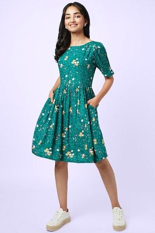 multi-coloured patterned round neck casual knee length half sleeves women flared fit dress