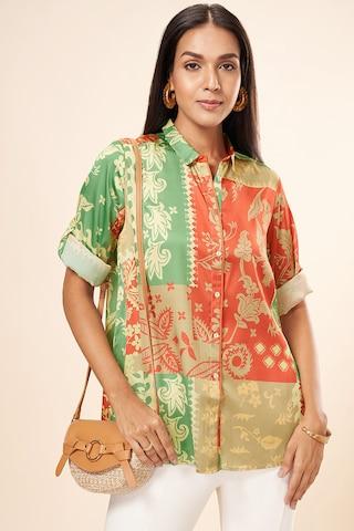 multi-coloured print casual 3/4th sleeves regular collar women comfort fit  top