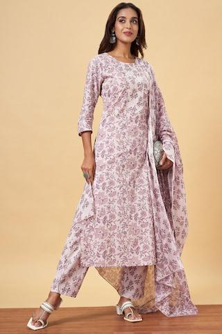 multi-coloured print casual 3/4th sleeves round neck women regular fit  pant kurta dupatta set