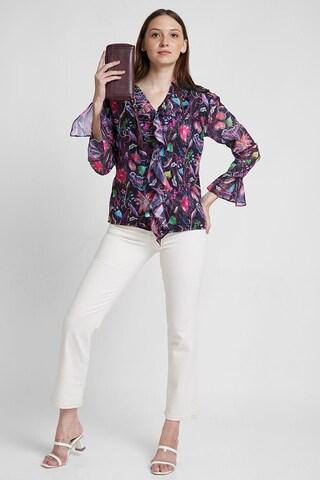 multi-coloured print casual full sleeves v neck women regular fit shirt