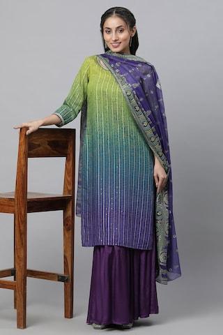 multi-coloured print ethnic 3/4th sleeves round neck women regular fit kurta sharara dupatta set