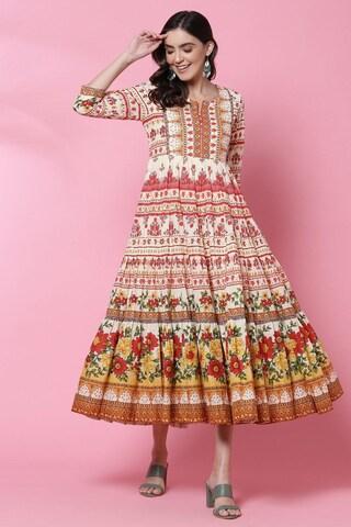 multi-coloured print round neck ethnic 3/4th sleeves women flared fit dress