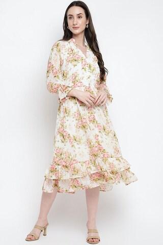 multi-coloured print v neck casual calf-length full sleeves women regular fit dress